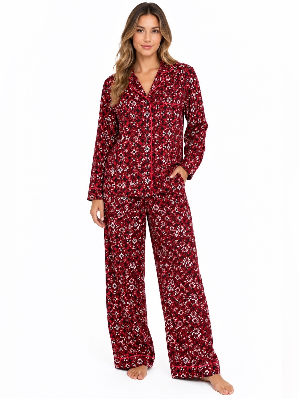 Cabernet Red Floral Button-Front Pajama Set